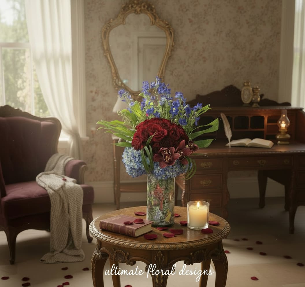 Tall mixed flower arrangement in a glass vase on a table with a candle and book