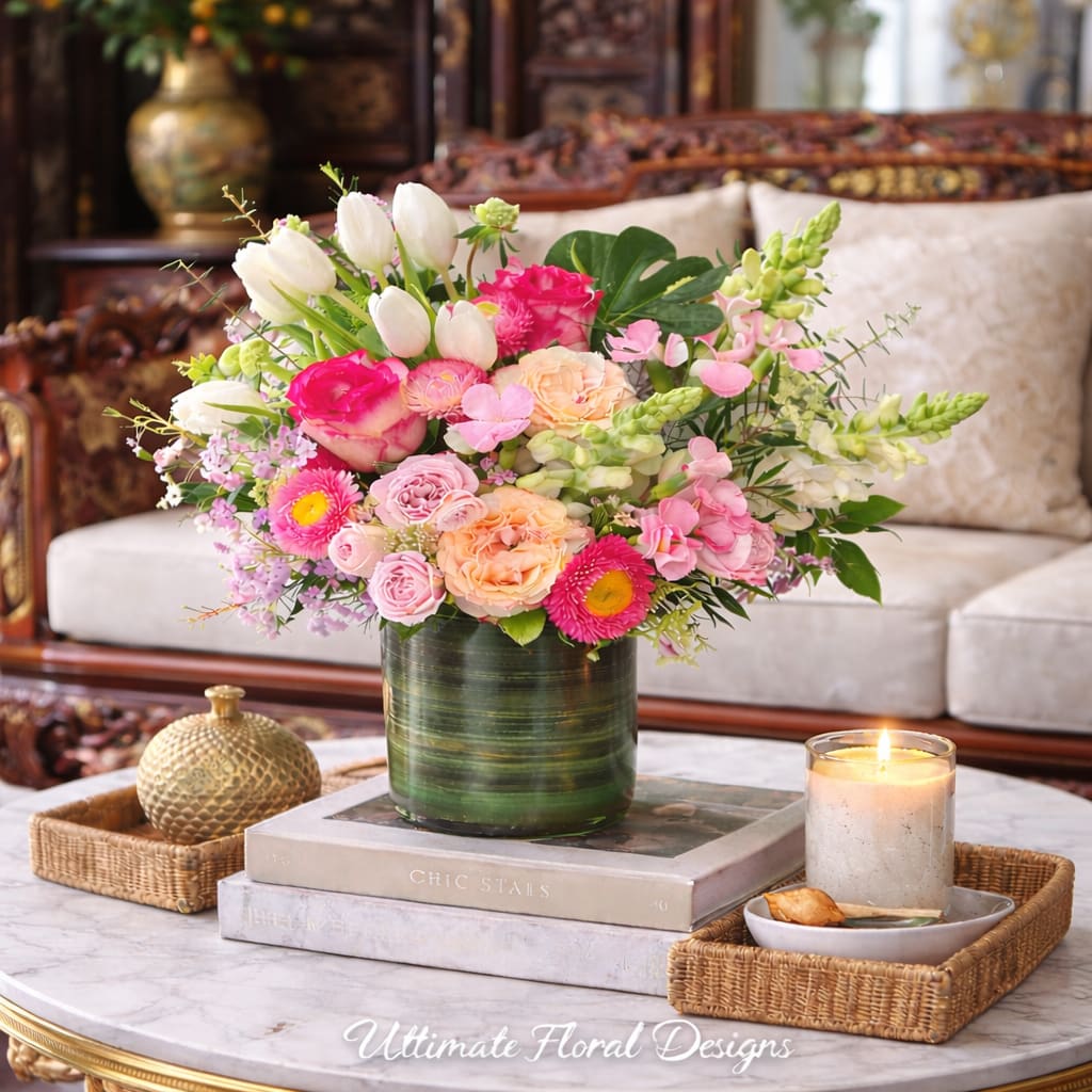  Enchanted Garden Rose Garden - A lush garden-inspired floral arrangement featuring Enchanted garden roses, elegant tulips, soft spray roses, snapdragons, and seasonal accent blooms, artfully designed in a modern glass vase. The romantic palette of peach, blush, soft pink, and fresh greens creates a naturally flowing composition with beautiful texture and movement.  Perfect for luxury flower delivery in Northern Virginia, Washington DC, and Maryland, this refined arrangement brings warmth and elegance to any home or office. Ideal for birthdays, celebrations, thank-you gifts, or sophisticated everyday décor.  Handcrafted with premium flowers by Ultimate Floral Designs in Great Falls, Virginia, known for luxury floral artistry and distinctive garden-style arrangements.
