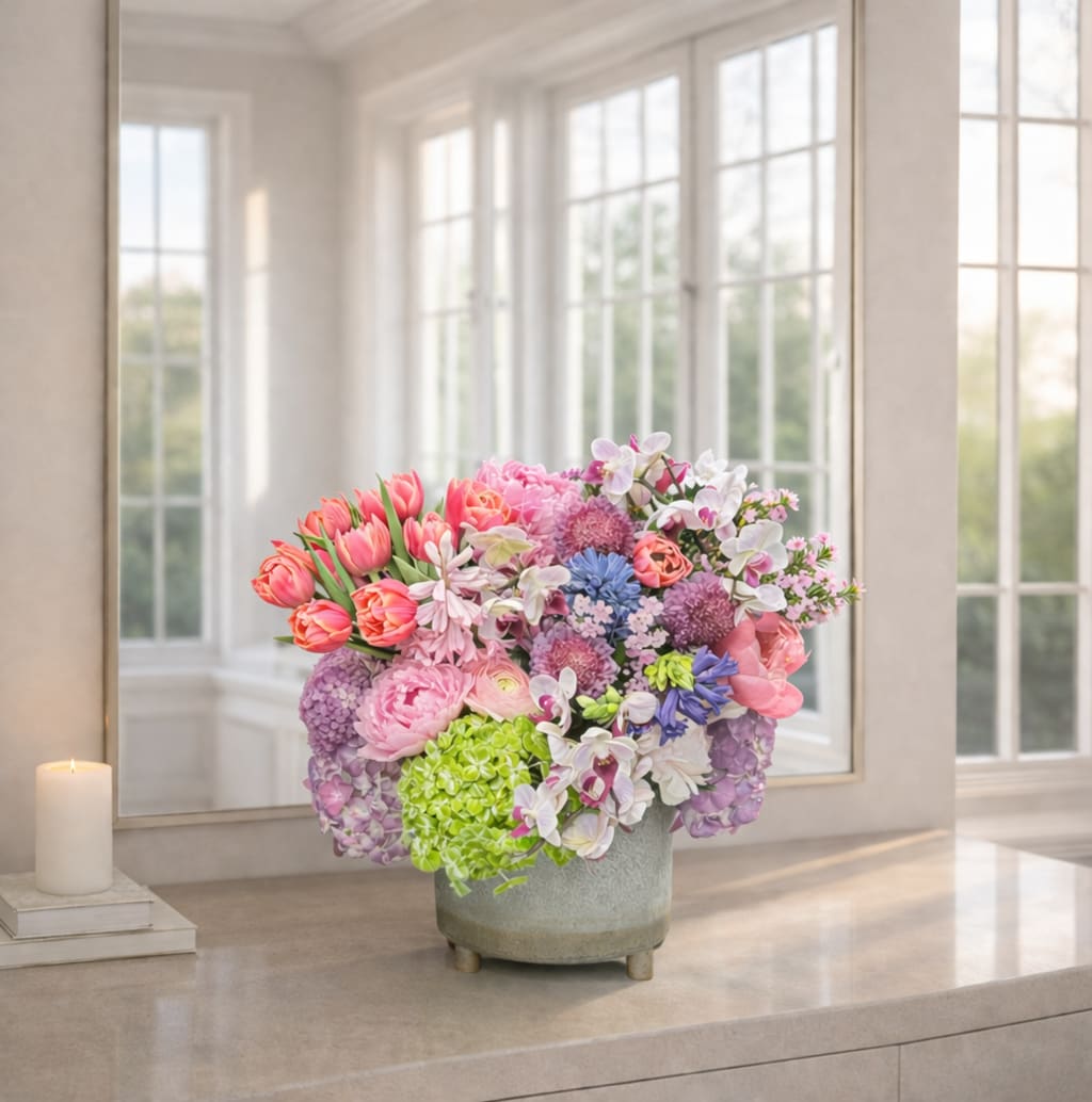  Garden of luxury - A radiant celebration of spring, Golden Garden Elegance showcases a vibrant blend of premium blooms in a natural, garden-inspired design. Featuring cheerful yellow forsythia branches, lush garden roses, tulips, orchids, hydrangea, and seasonal accents, this arrangement brings warmth, texture, and elegance into any space. Designed in a modern ceramic vase, each piece is thoughtfully arranged with an airy, artistic flow that reflects the beauty of nature in full bloom.  Perfect for birthdays, celebrations, or simply brightening someone’s day, this design delivers a fresh and sophisticated statement with every detail.  Same-day flower delivery is available in Great Falls, McLean, Vienna, Reston, Arlington, and Washington, DC.