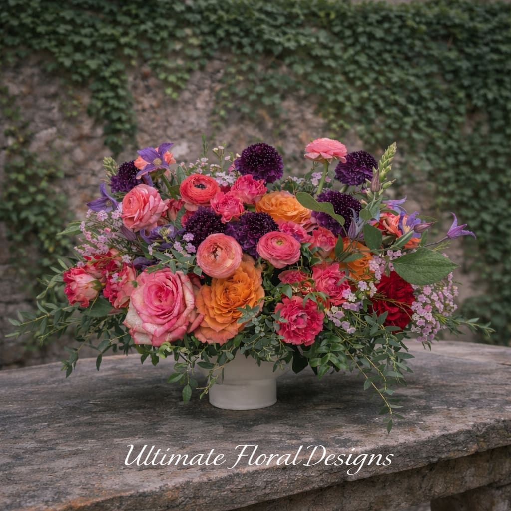 Garden Symphony in Coral &amp; Plum - A lush and romantic garden-style floral arrangement designed with rich coral roses, delicate ranunculus, textured scabiosa, and seasonal blooms in deep plum and soft lavender tones. Designed in a low elegant vessel, this piece captures the beauty of an English garden with a natural, flowing composition and layered greenery.  Perfect for celebrations, sympathy gestures, or elevating everyday spaces, this arrangement brings warmth, depth, and timeless elegance to any setting.  Handcrafted with premium blooms by Ultimate Floral Designs, serving Northern Virginia, Washington DC, and Maryland with luxury floral artistry.  Same-day flower delivery available in Great Falls, McLean, Vienna, Reston, Arlington, and Washington, DC.