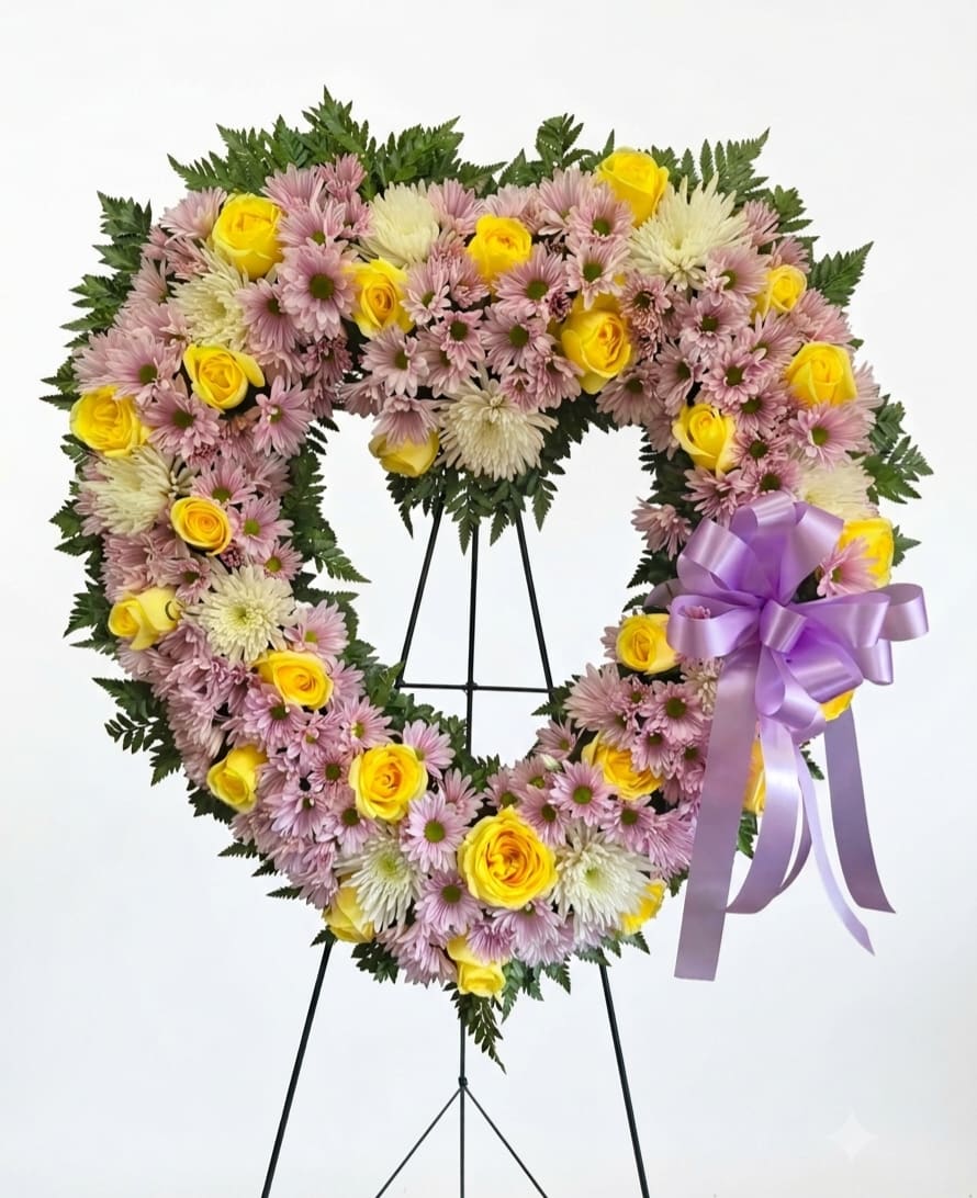 Grateful Heart Sympathy Standing Arrangement - A 24" heart shaped sympathy standing arrangement designed to express gentle remembrance and comfort, perfect for a funeral or memorial service. The Grateful Heart Sympathy Standing Arrangement places the recipient's memory at the center with lavender daisies, white chrysanthemums and bright yellow roses arranged in a full, symmetrical heart-an elegant choice for expressing sympathy or honoring a life at a celebration of life or graveside service.  Tightly packed lavender daisies and white chrysanthemum blooms form the heart's body while vivid yellow roses create warm focal points; dark green foliage frames the shape with a dense, polished border. The arrangement is presented on a floral wreath stand and finished with a large lavender-purple ribbon bow on the right side for a soft ceremonial accent, giving the piece a refined, memorial-like presence.  Thoughtfully made to offer comfort, this standing heart sends a message of sympathy and gratitude to the person you're honoring and the family gathered to remember them. 