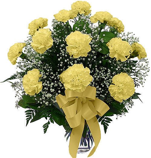 Yellow carnations with baby's breath in a vase, tied with a yellow ribbon