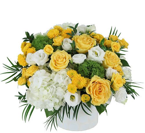 Sunny Skies Arrangement - Here’s a bright way to send a happy surprise! A stunning mixture of yellow and white blooms  It’s the kind of gift that inspires lots of sunny days ahead.