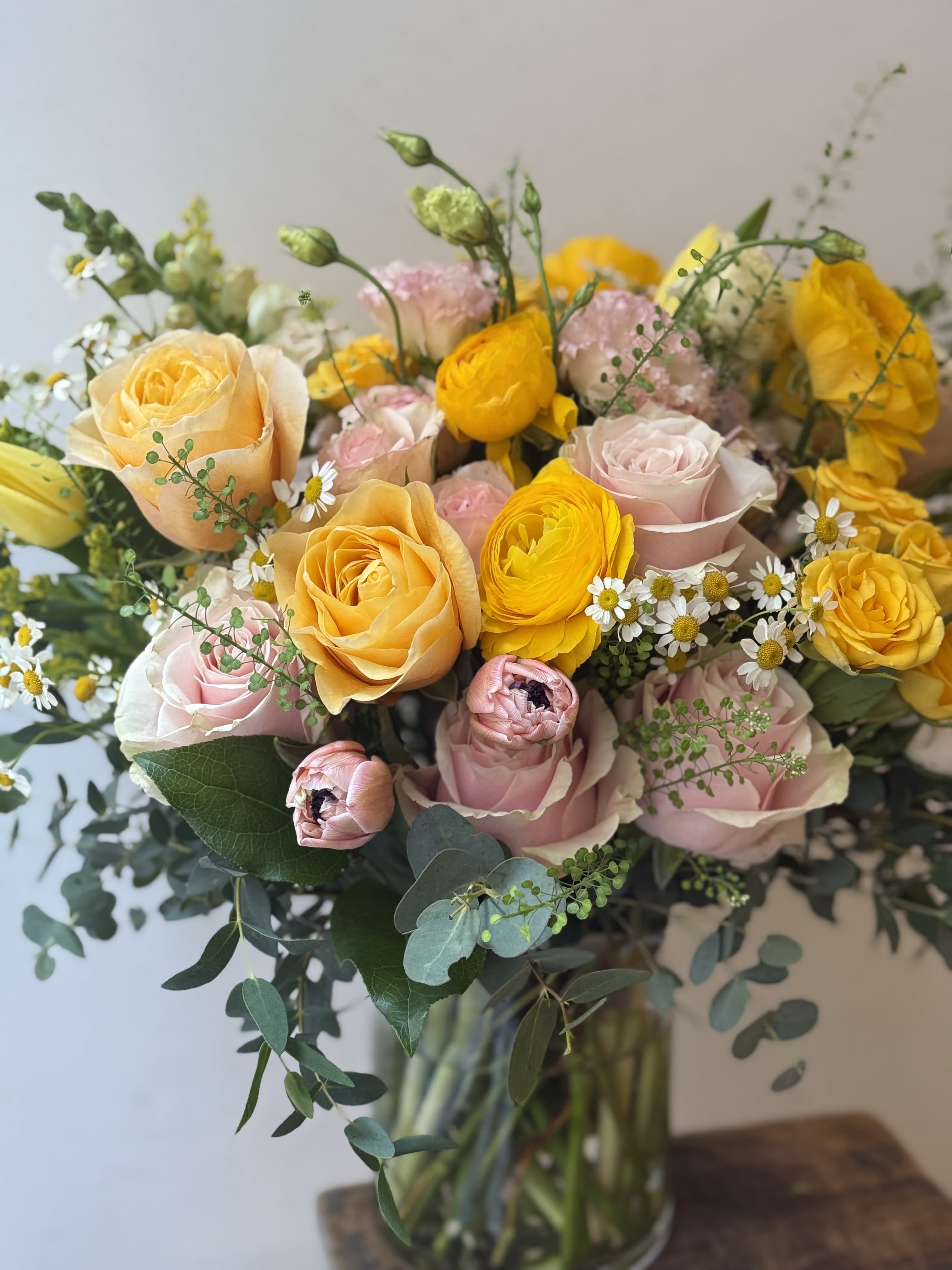 My Little Sunshine  - Pink and yellow roses with tulips and ranunculus. Such a happy arrangement. Perfect for mother's day