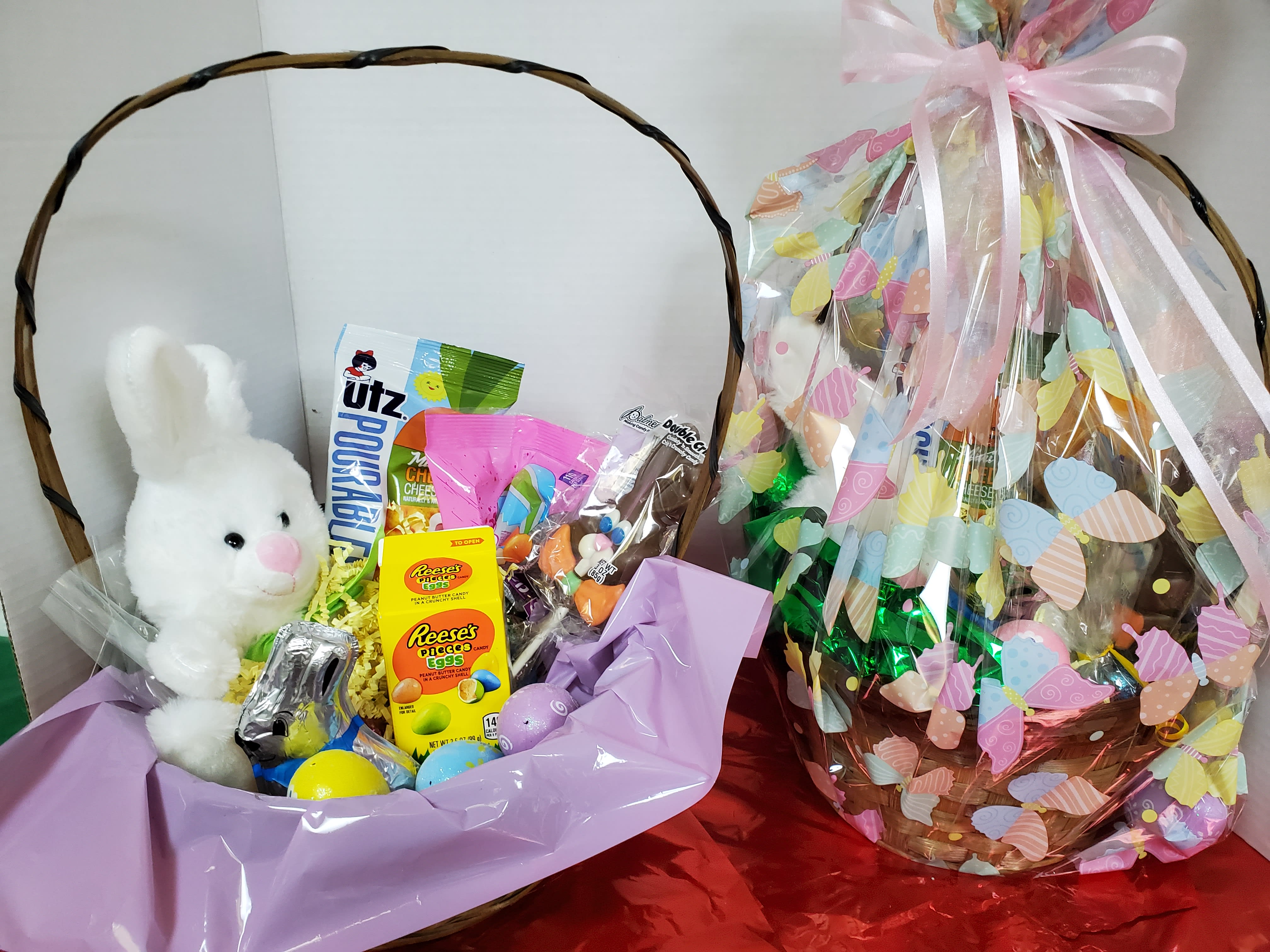 Easter gift baskets with a plush bunny and candy