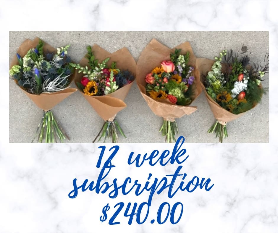 Four mixed flower bouquets wrapped in brown paper with a 12 week subscription price.