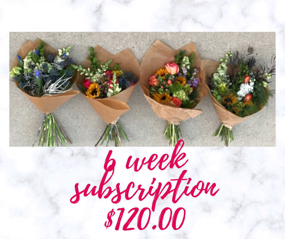 Four mixed flower bouquets wrapped in brown paper with a subscription price graphic