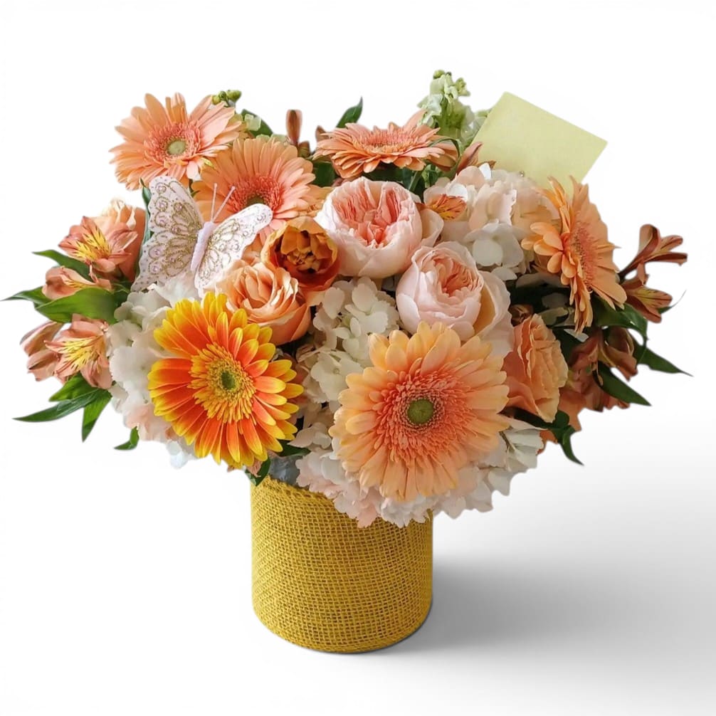 Sunny Happy Birthday Designer's Choice - Send this beauty today to make them overjoyed with it's lovely peach flowers arranged in a tall modern glass cylinder vase wrapped in pretty yellow jute ribbon. Perfect to send today for every reason. Send happiness.