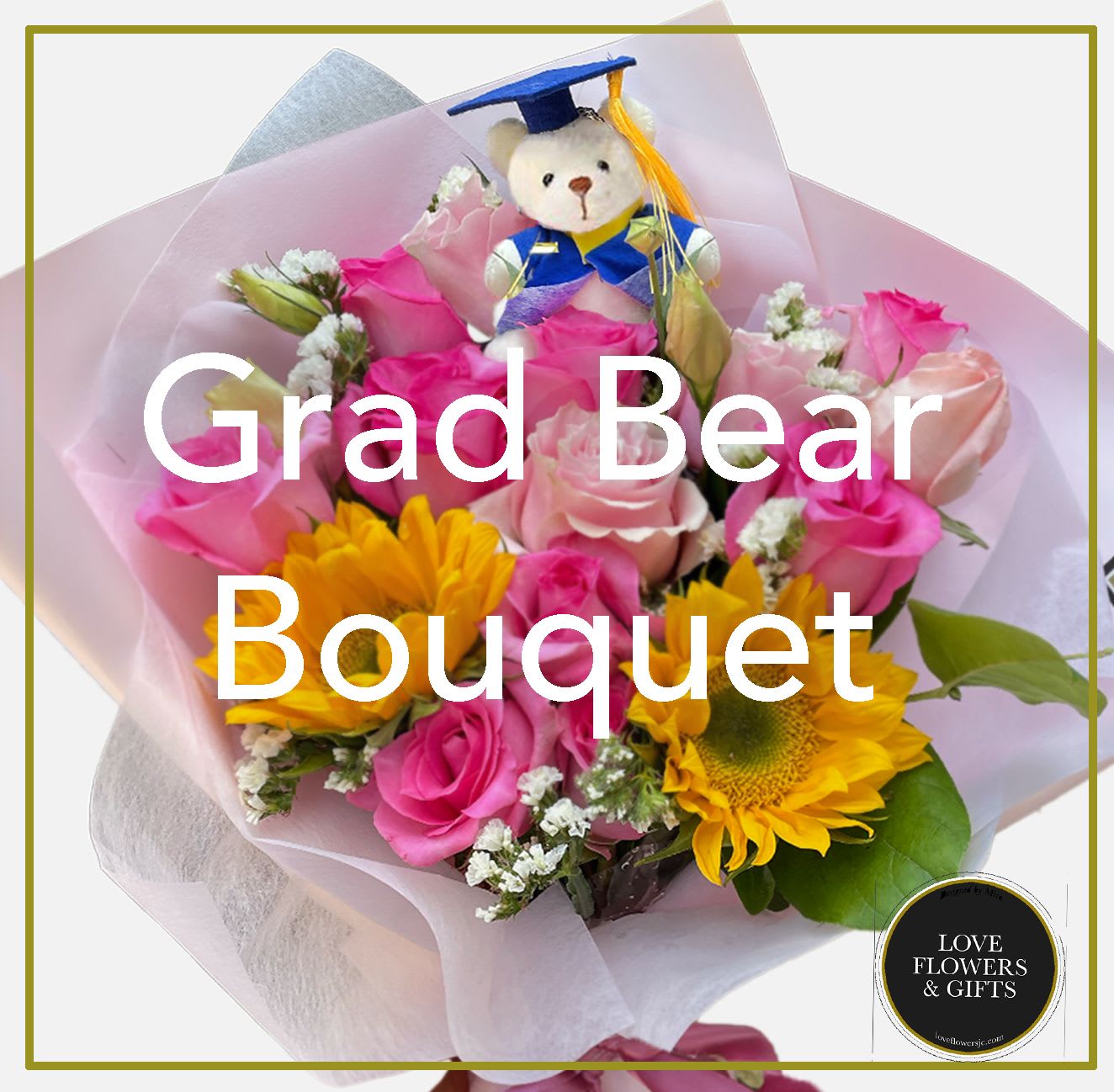 Bouquet of yellow sunflowers and pink roses with a small teddy bear in graduation attire.