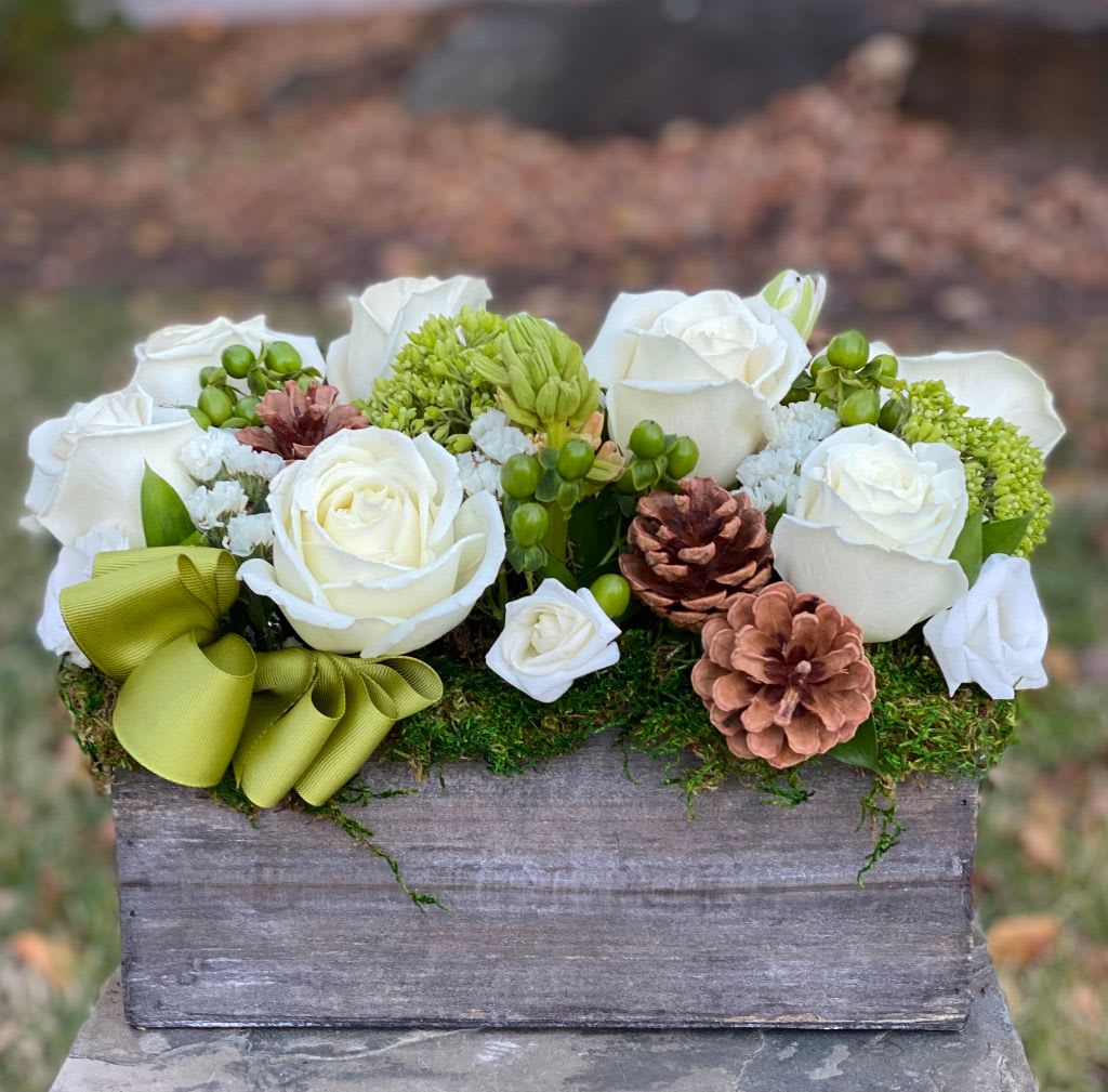 The Kimba - The Kimba – Elegant Winter Arrangement by Petals in Wilmington, Delaware   Bring a touch of natural elegance to any space with The Kimba, an artfully designed floral arrangement from Petals, your trusted local Wilmington, Delaware florist. This stunning creation features a serene blend of white roses, green hydrangea, pine cones, and green hypericum berries, capturing the beauty and texture of the winter season. Presented in a rectangular wooden container and finished with natural moss and a green satin ribbon, The Kimba combines rustic charm with refined sophistication — perfect for holiday centerpieces, winter celebrations, or an elegant gift for the home or office.   Available for same-day flower delivery in Wilmington, Delaware, and surrounding areas including Greenville, Hockessin, Newark, and the Brandywine Valley. Each arrangement is custom-made with care and delivered fresh from Petals, Wilmington’s premier local florist for over 20 years.