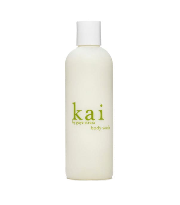 Bottle of Kai body wash with a white cap