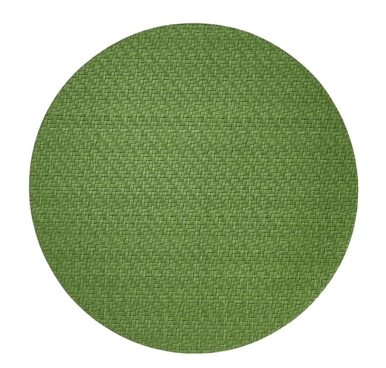 Round green woven placemat on a white background