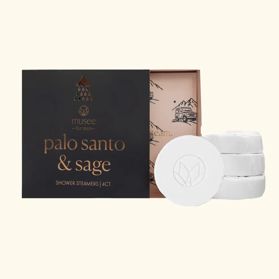 Boxed palo santo and sage shower steamers with white tablets