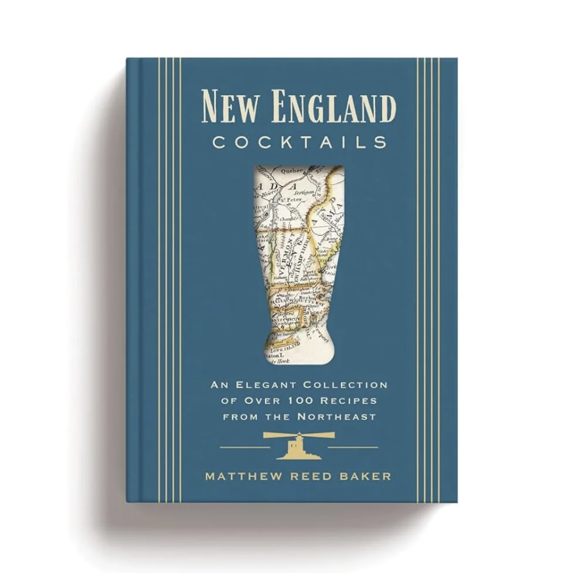 Blue cocktail recipe book with a map-shaped glass on the cover