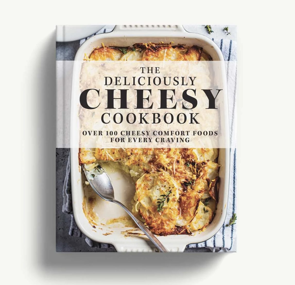Cookbook cover with a baked cheesy dish in a casserole pan