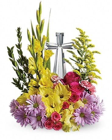 Mixed bouquet with yellow gladiolus, pink roses, and lavender daisies around a silver ribbon