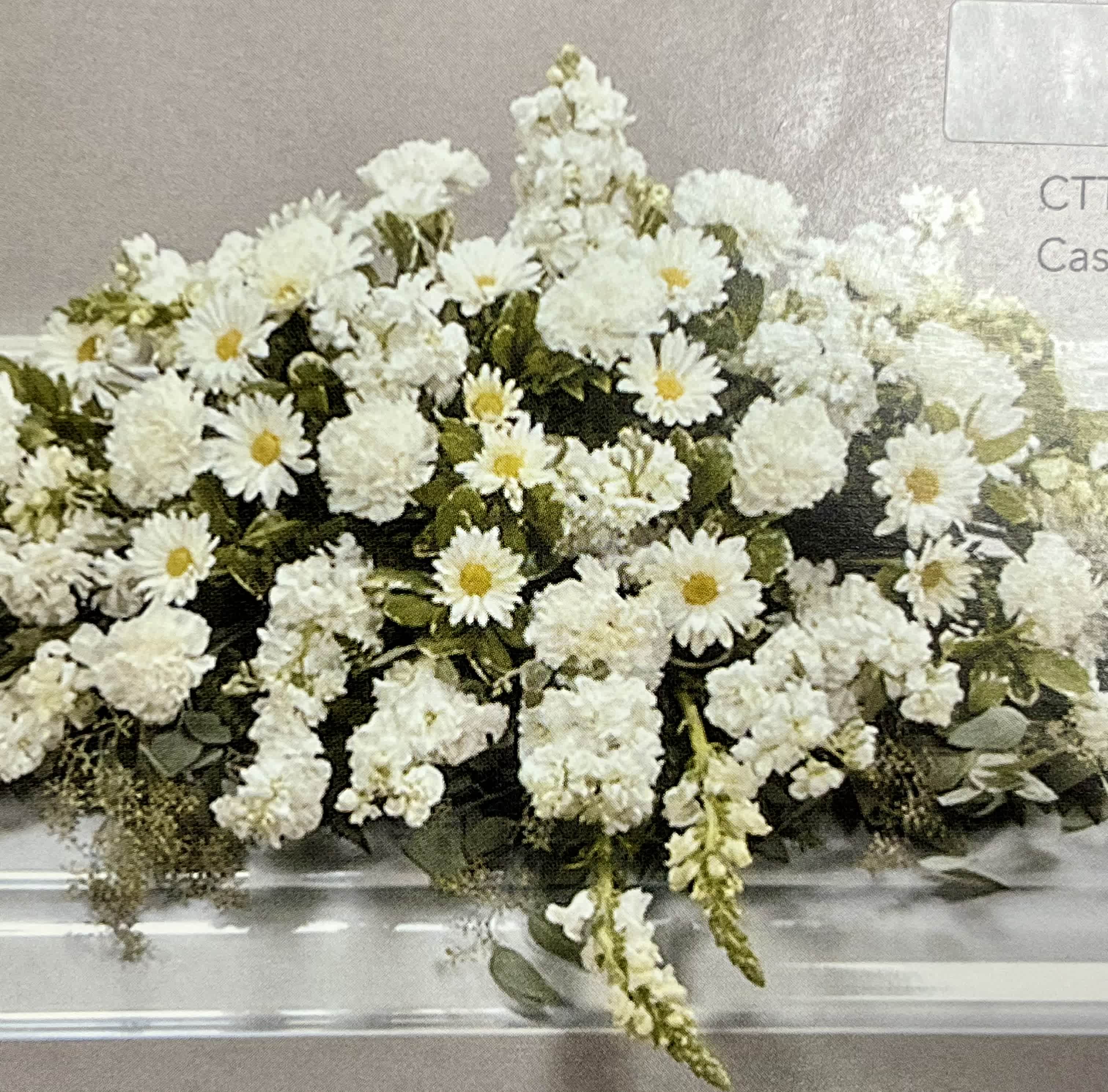 Long white casket spray of daisies and carnations with cascading blooms.