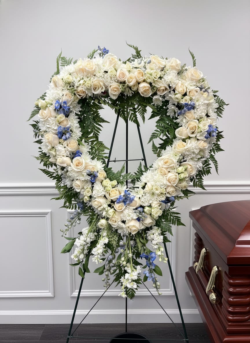 The Gentle Comfort Tribute Heart  - A grand heart-shaped funeral spray that speaks of tenderness and remembrance, the flower arrangement is designed as a sympathy tribute for a funeral or memorial service. Built to rest on a floral stand or easel beside a wooden casket, this arrangement frames the moment with a peaceful, respectful presence-perfect for honoring a loved one or conveying deep condolences to the family.  Crafted mainly from white roses and white chrysanthemum-style blooms, the piece features clusters of deep red roses woven through the center and along the edges for a poignant contrast. Small white filler flowers, delicate blue accents, and eucalyptus-like trailing greenery add texture and softness to the composition. The heart shape, generous scale, and formal styling deliver a solemn, romantic memorial statement that reads as both comforting and dignified.  Choose this tribute when you want the person you're thinking of to feel truly honored-whether for a close family member, lifelong partner, or beloved friend. Sized to stand beside a casket on a floral easel or placed on a dedicated stand, the arrangement arrives ready for service and needs only routine floral care: keep it out of direct heat and mist lightly if requested by the funeral home.