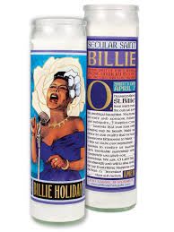 Two memorial candles with Billie Holiday labels