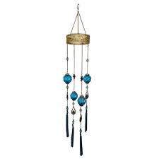 Hanging wind chime with blue glass accents and black tassels
