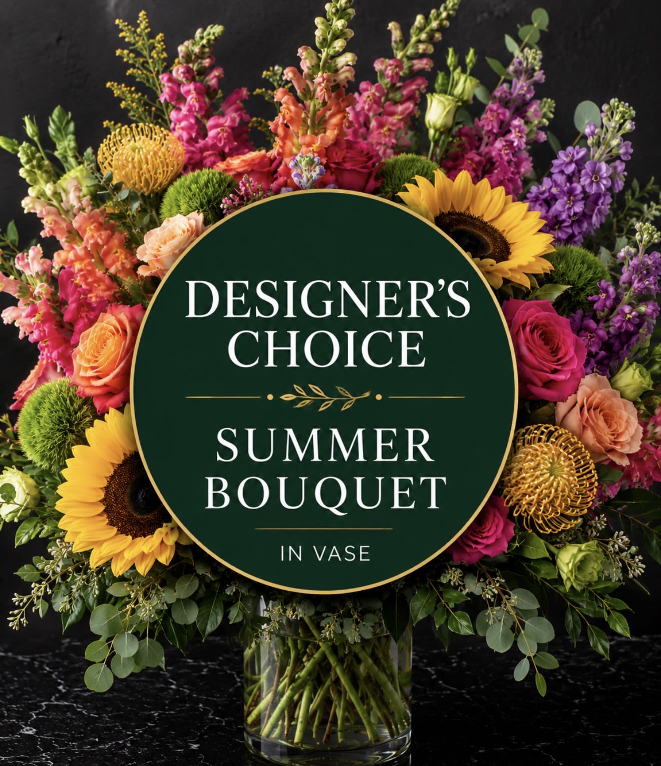 Designers Choice Bouquet (In Vase) - Designers Choice Bouquet (In Vase) a custom, one-of-a-kind arrangement created by a professional florist using the freshest, seasonal flowers available. By allowing the designer to select the blooms, you receive a unique, high-quality, and often larger arrangement tailored to your occasion, rather than a replicated photo. Key Features of Designer’s Choice:      Unique &amp; Personalized: No two arrangements are the same, ensuring a one-of-a-kind gift.     Peak Freshness: Designers select the best, in-season flowers for longevity and vibrancy.     High Value: Offers maximum, artistic value, utilizing the florist’s creative expertise.     Occasion Ready: Perfectly suited for birthdays, anniversaries, or "just because".     Varied Styles: Ranges from vibrant and colorful to soft, pastel, or modern, usually arriving in a glass vase.   These bouquets are ideal for when you want to leave the design to a professional and trust them to create a beautiful, "wow-factor" piece.  Photo shown in premium size.  