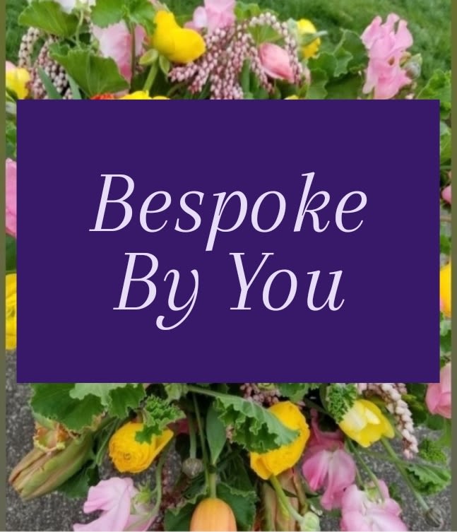 Graphic with the words Bespoke By You over a blurred bouquet of pink and yellow flowers