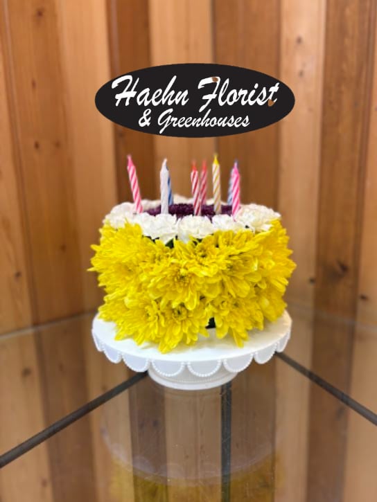 Birthday Cake Blossom  - Fresh Flower Birthday Cake Arrangement  Celebrate birthdays in the sweetest way—without the calories! Our Fresh Flower Birthday Cake Arrangement is a stunning floral creation designed to look like a birthday cake, beautifully arranged with fresh, vibrant flowers and presented on a classic white cake stand. Perfect for surprising a loved one, this unique arrangement is both eye-catching and unforgettable.  Handcrafted by the talented designers at Haehn Florist &amp; Greenhouses, this floral cake makes a memorable centerpiece for parties or a thoughtful delivery to someone special. Add a birthday balloon or card to make the gift even more personal.  Details:  Fresh seasonal blooms styled into the shape of a cake  Presented on a reusable white cake stand  Available in a variety of color palettes—cheerful brights, soft pastels, or elegant monochrome  Perfect for birthdays, office surprises, or as a centerpiece   Order Today from Haehn Florist &amp; Greenhouses  410 Hamilton Rd, Wapakoneta, OH 45895  419-738-8485  We offer same-day flower delivery in Wapakoneta, St. Marys, Lima, New Bremen, and surrounding areas. Send a gift that will be remembered long after the candles go out!