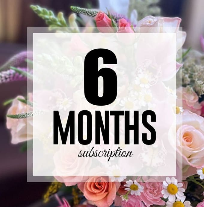 Pink and white flower bouquet with a "6 months subscription" label