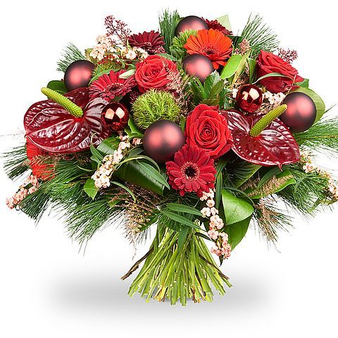 Red floral bouquet with roses, gerbera daisies, and anthuriums