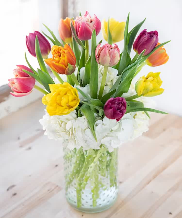 Colorful tulips arranged in a clear glass vase