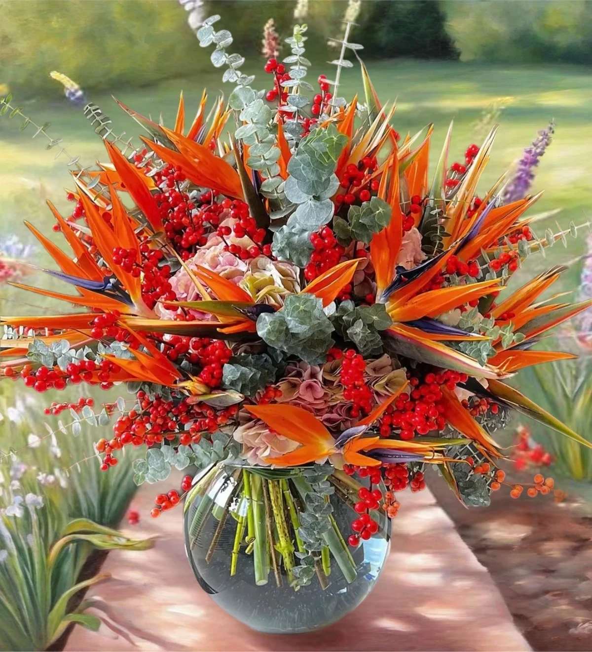 Tropical bouquet with orange bird-of-paradise flowers in a glass vase