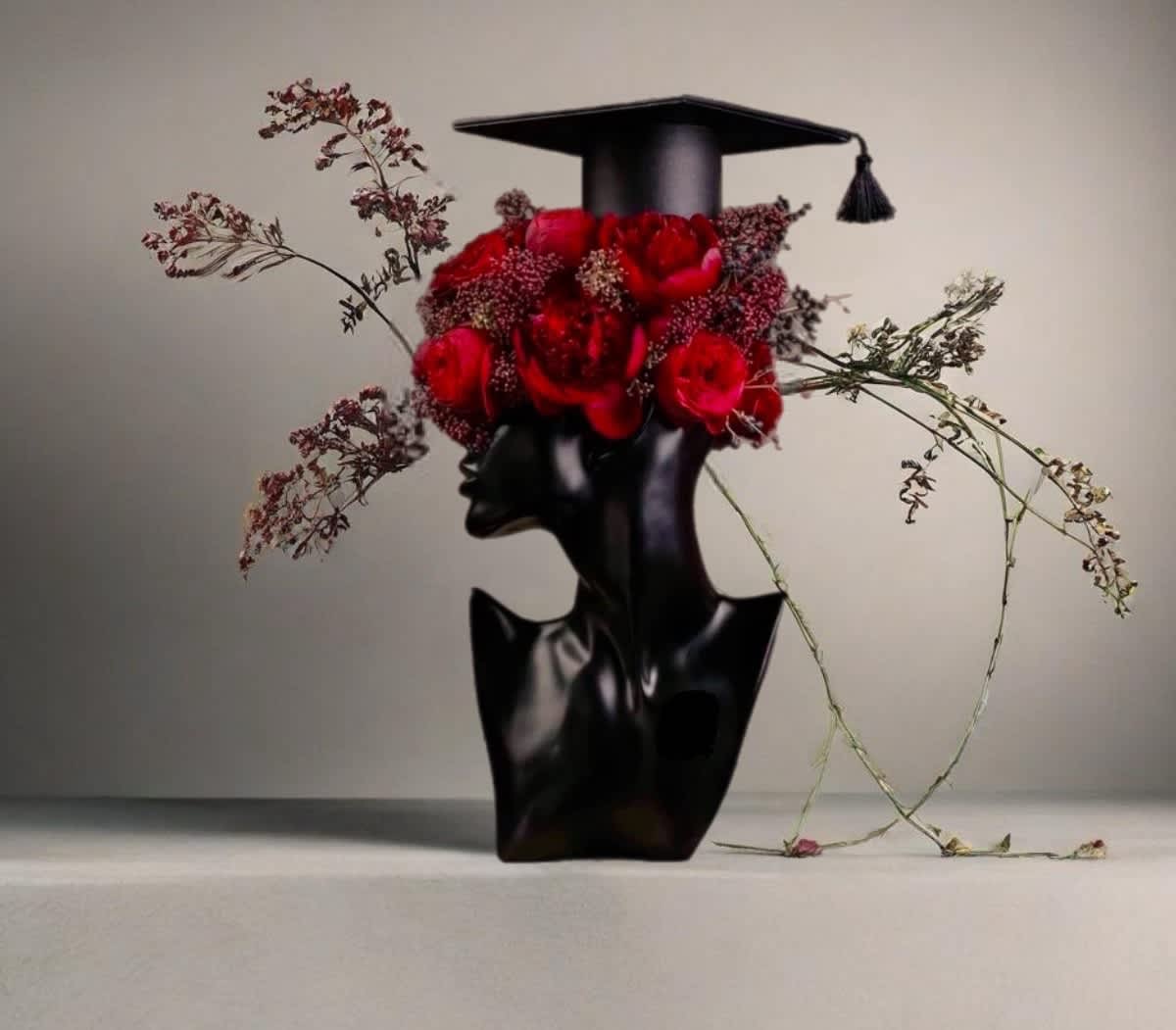 Red roses arranged on a black graduation cap and vase-shaped base