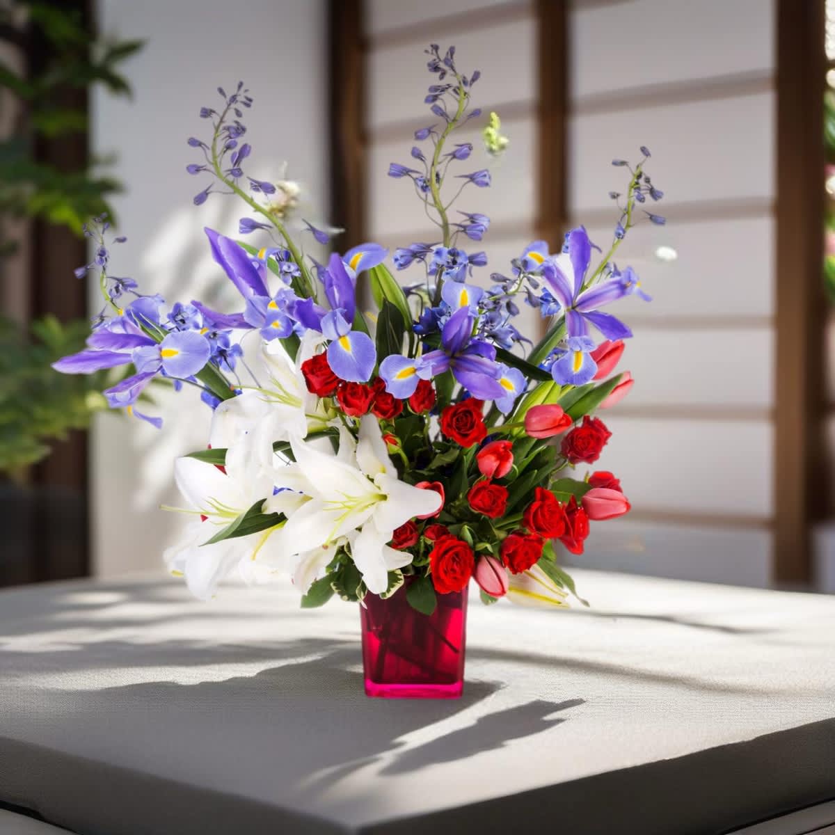 Firework celebration - You are a firework! This arrangement featuring iris, tulips, and lilies is all about celebration.  