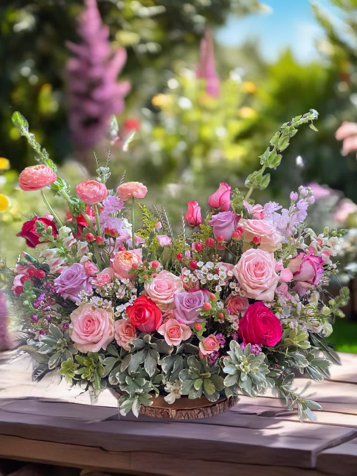 Mixed pink and lavender rose arrangement in a low container