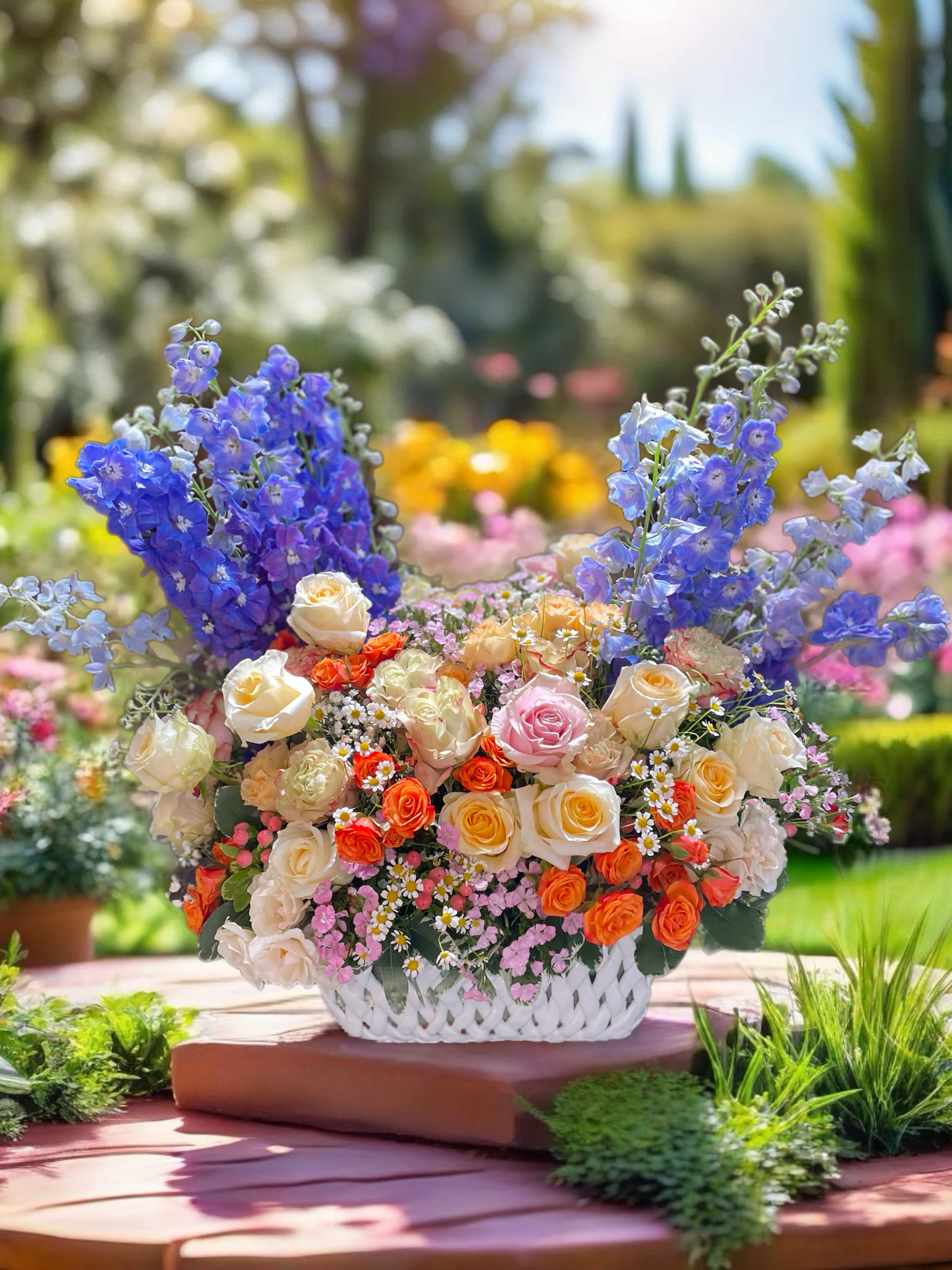 Basket of mixed roses with blue delphinium and small daisies