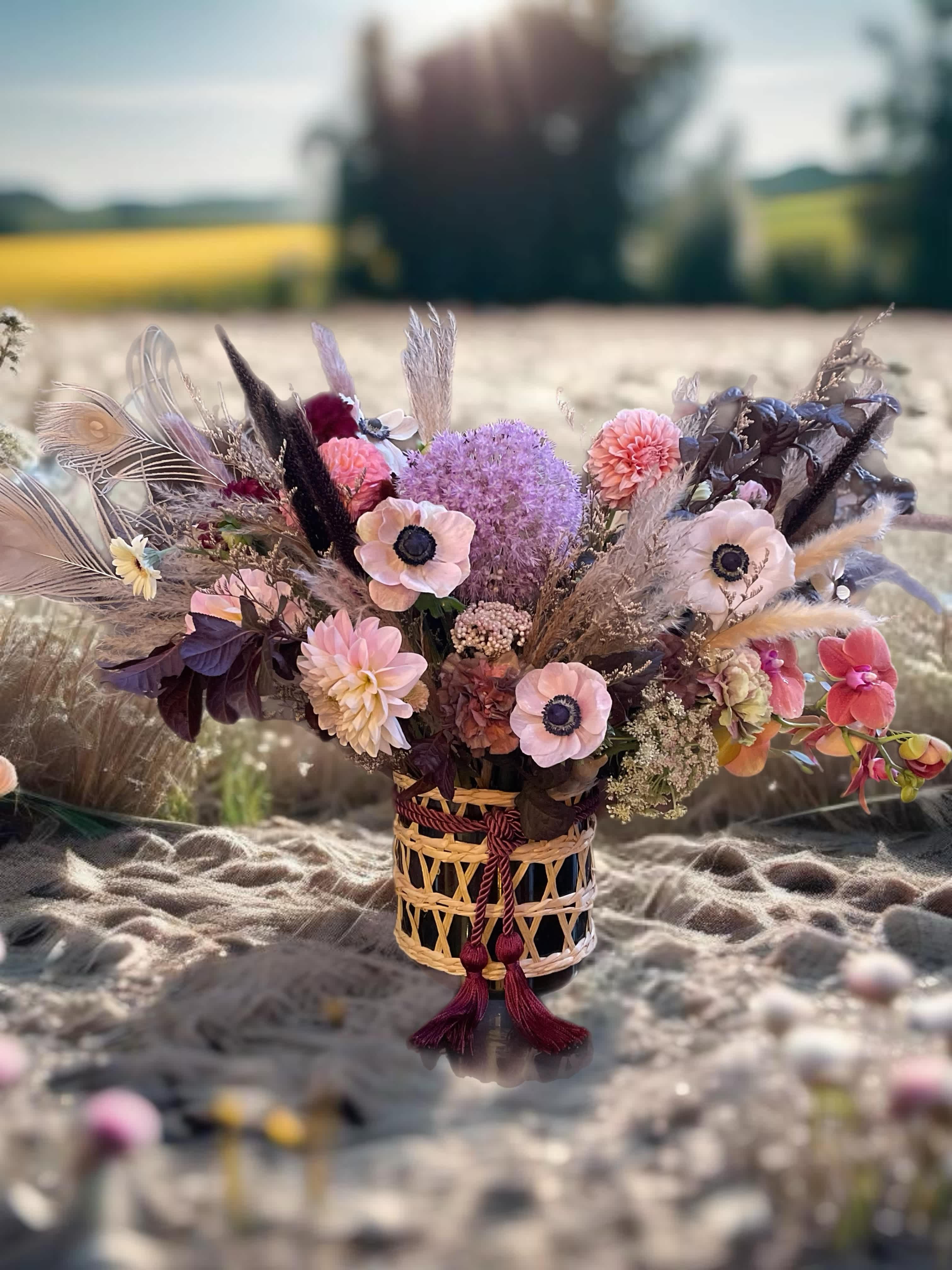 Dried floral arrangement in a woven vase with pink and purple blooms