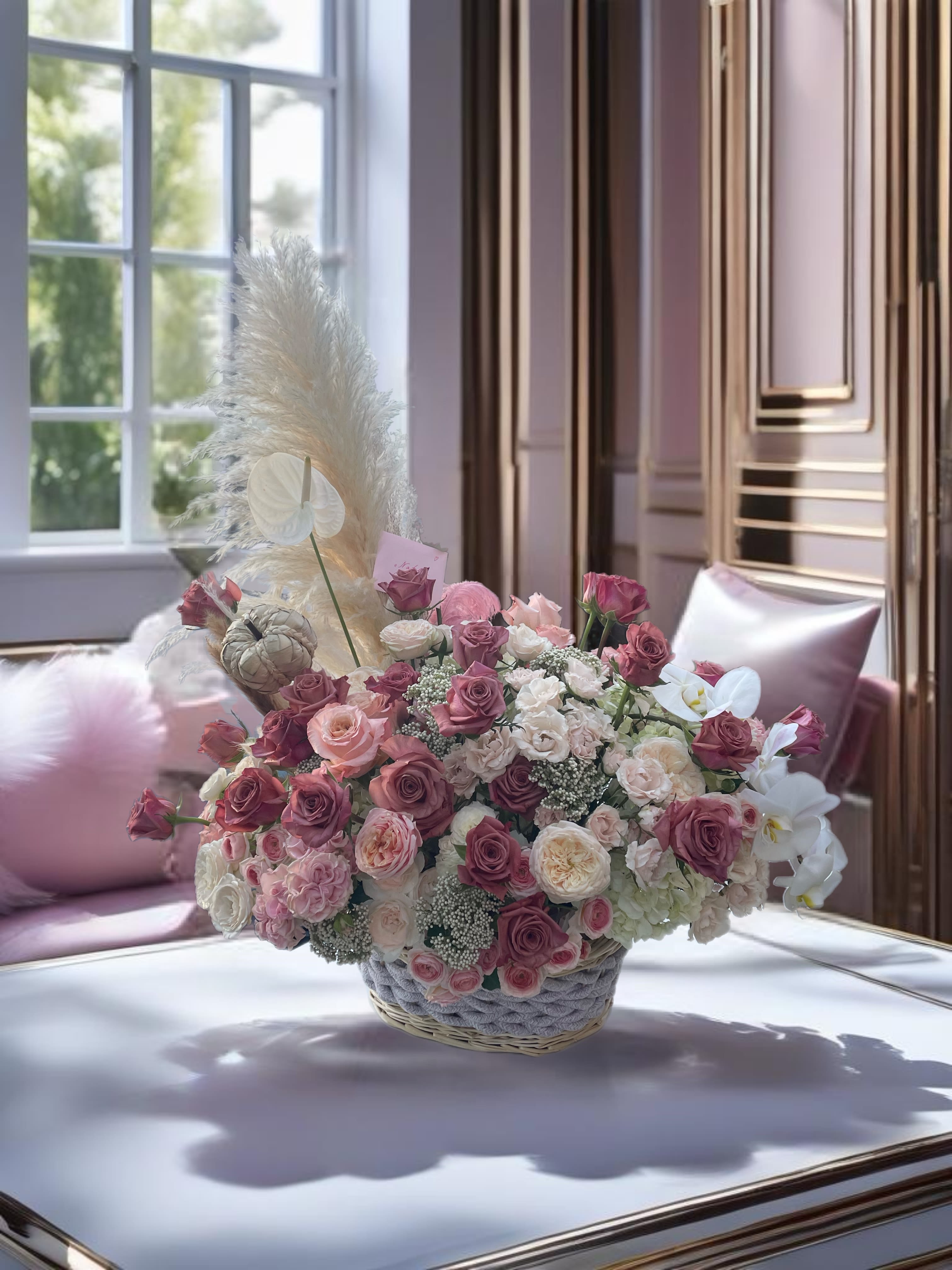 Large pink and white rose arrangement in a woven basket with pampas grass