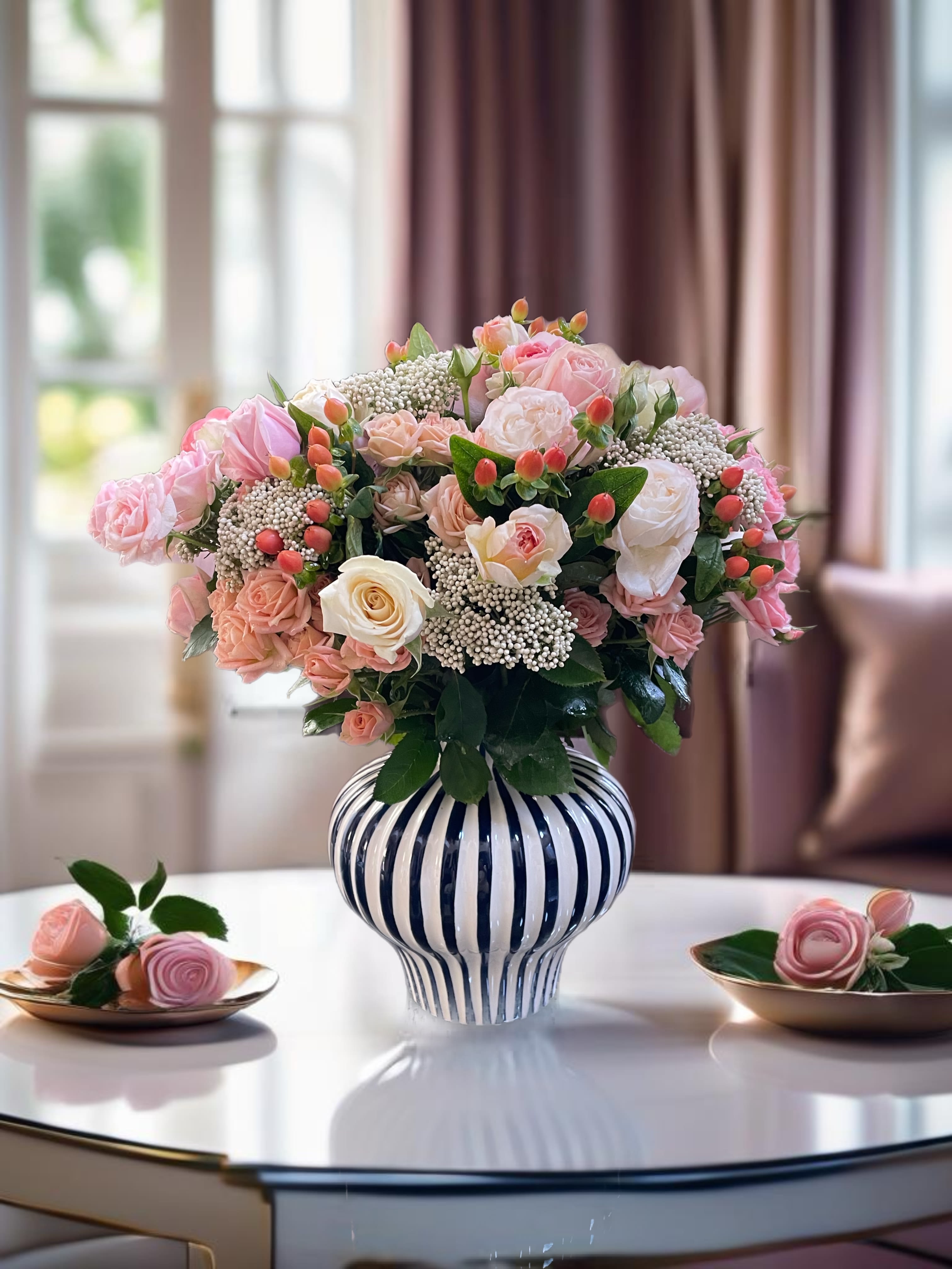 Pink and white rose arrangement in a striped ceramic vase