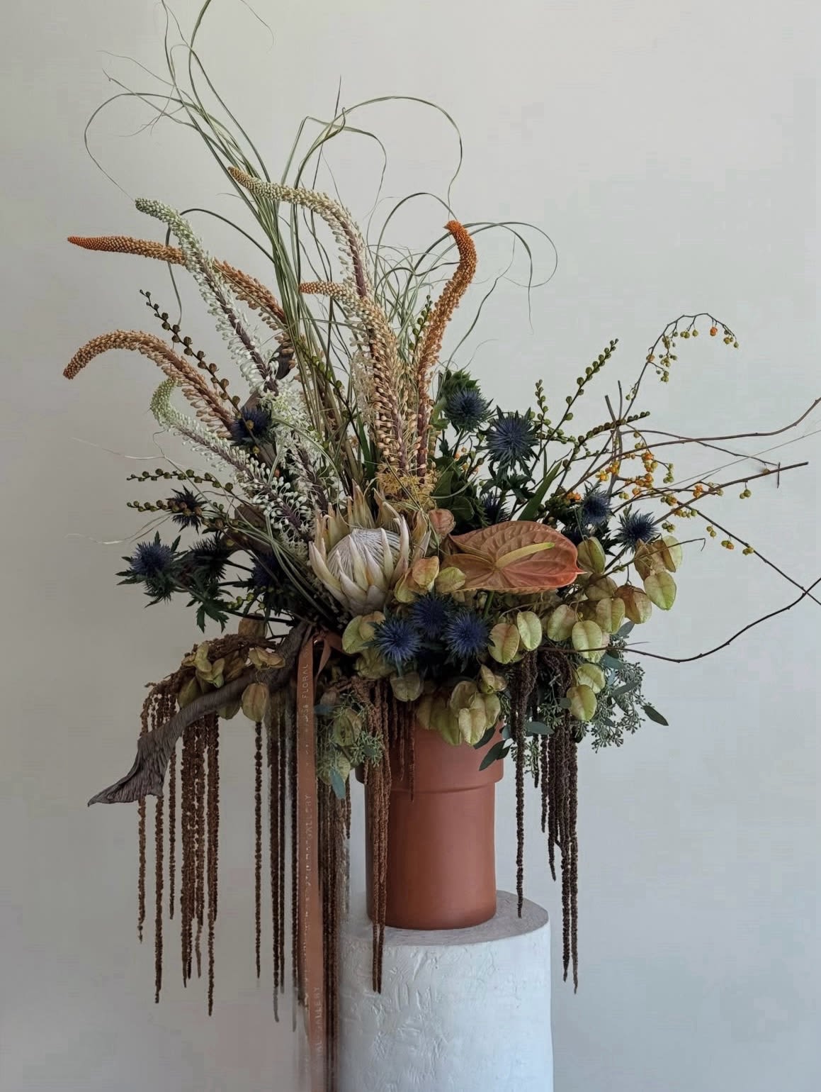 Tall dried floral arrangement in a terracotta vase with trailing elements