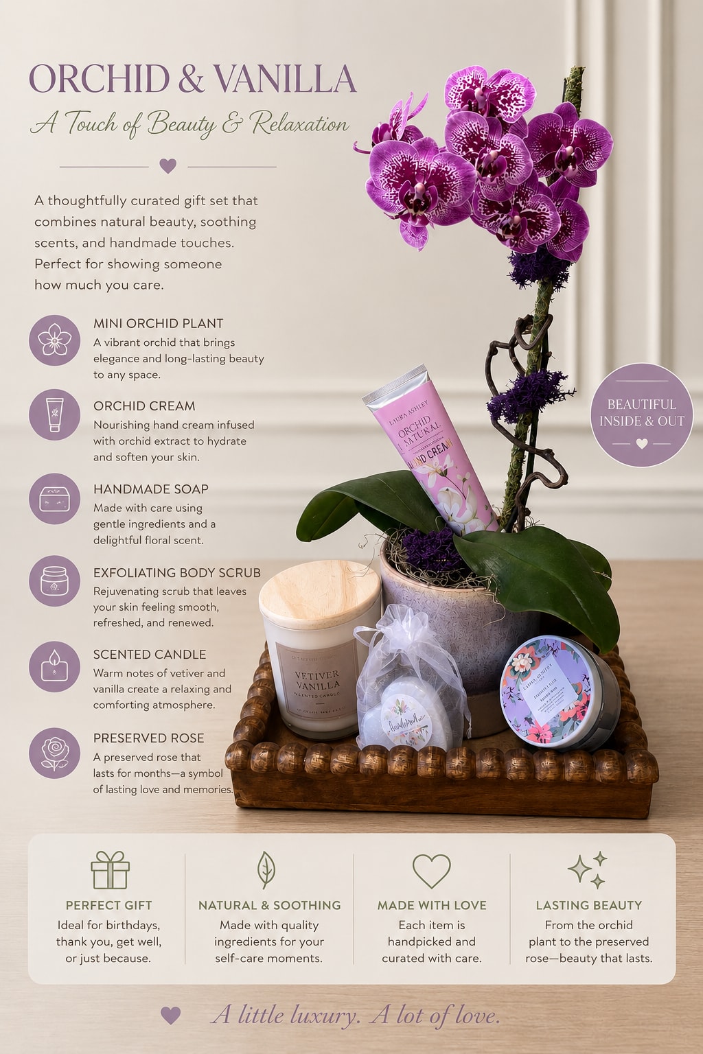 Purple orchid plant gift set with candles, soap, scrub, and cream in a basket