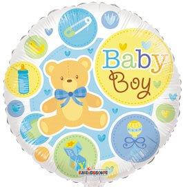 Round baby boy balloon with teddy bear and bottle graphics