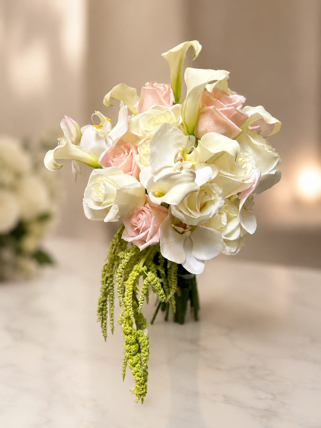Bridal Bouquet #4 - Bridal bouquet with roses, calla lilies, orchids, and hanging amaranthus. 