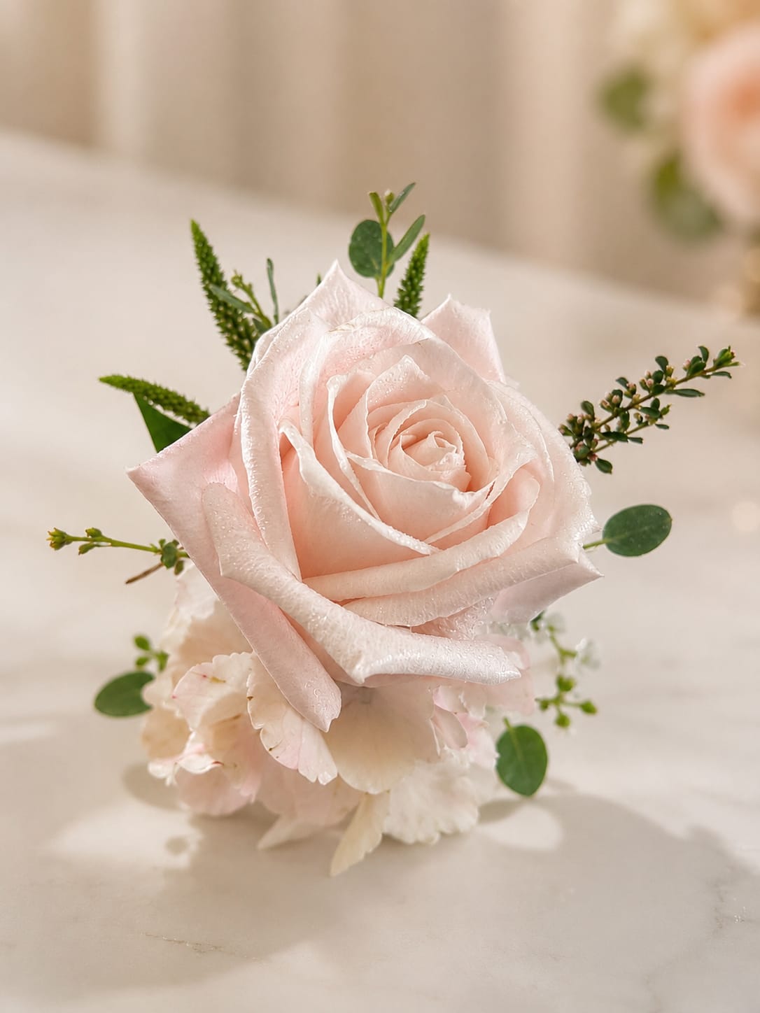Boutonniere #7 - Single pink rose with pink and white fillers. 