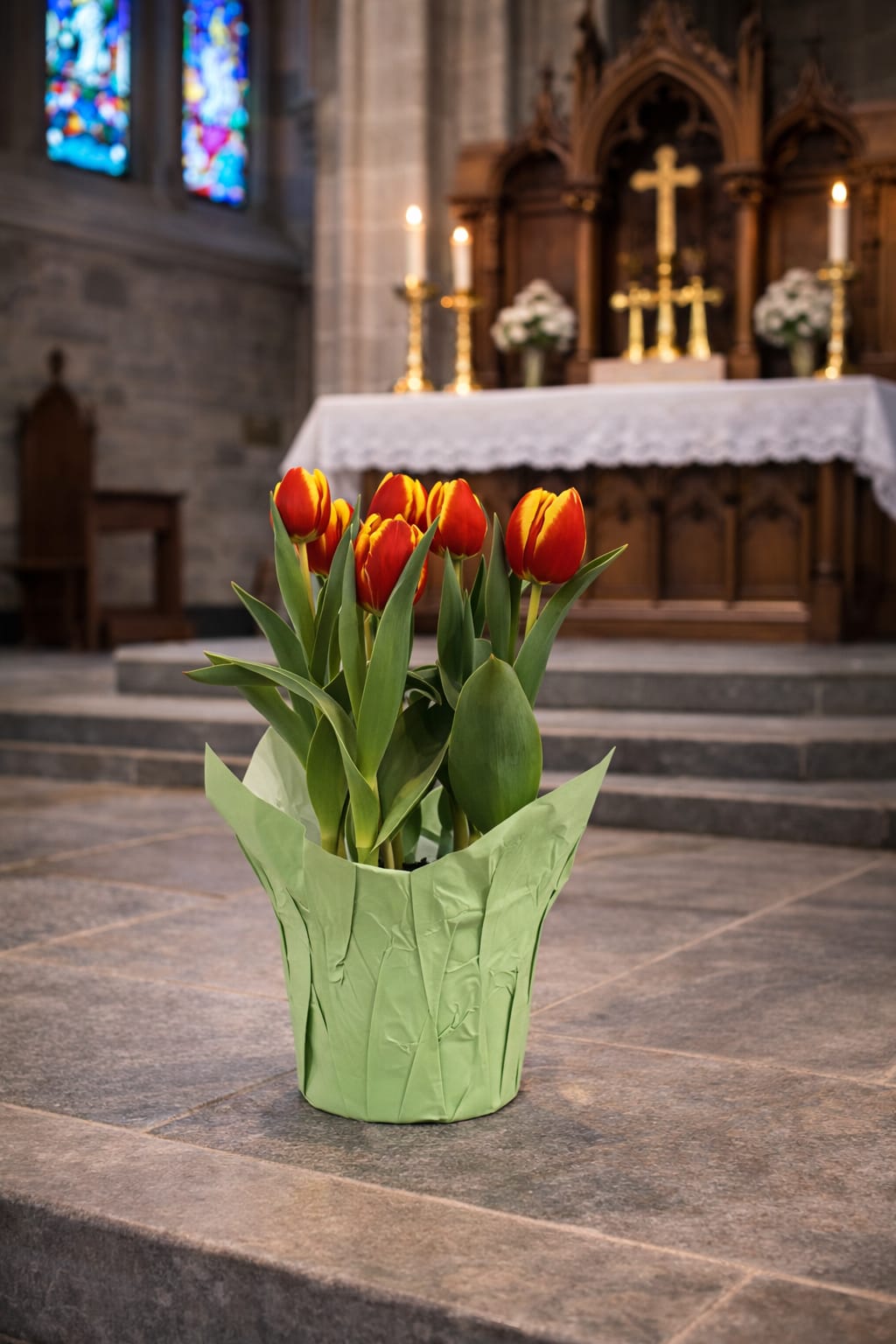 Potted red and yellow tulips wrapped in green paper on stone steps in a church