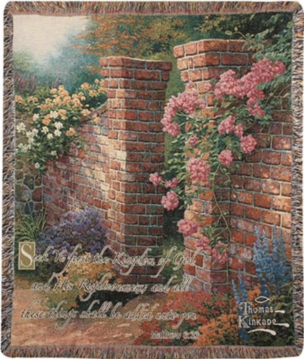 Decorative woven throw with a garden scene of brick walls and pink flowers