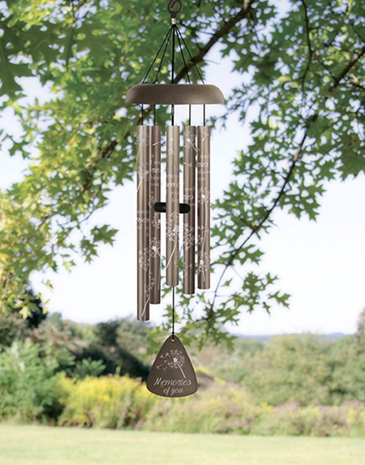 Memories of You 30” Windchime 64696 - Our decorative aluminum wind chimes make a meaningful gift for birthdays, celebrations, encouragement, memorials, churches, gardens, holidays, and everyday moments when words matter most. Each chime features beautifully designed sentiment artwork with soft, soothing tones and gentle sound designed to bring comfort, peace, inspiration, and lasting remembrance.  Choose the presentation style that fits your occasion. Standard options are available boxed for gifting or displayed with a ribbon. Deluxe presentations include a temporary leased display stand for services, receptions, churches, offices, foyers, and events. Premium presentations are finished with a fresh flower spray across the top for an elegant custom display with added color, texture, and visual impact.  These keepsake wind chimes are designed for both indoor and outdoor display and make a thoughtful alternative to traditional gifts and floral arrangements. Perfect for celebrations of life, sympathy gestures, housewarmings, birthdays, faith-based occasions, thank-you gifts, encouragement gifts, and lasting tribute displays. Styles, sentiments, ribbon accents, and floral designs may vary based on availability and season.