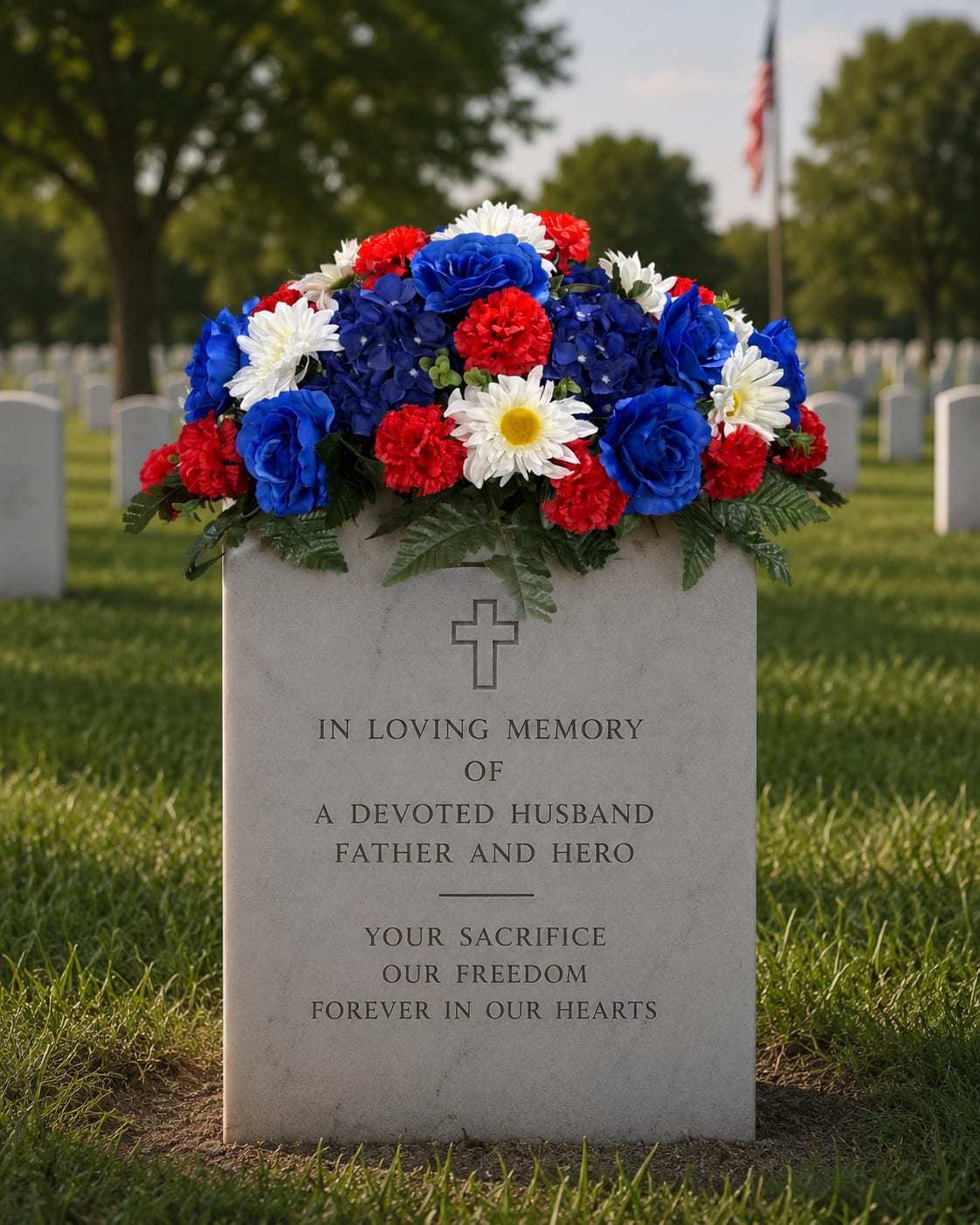 Service &amp; Honor Memorial Saddle - Honor a life of courage, sacrifice, and service with the deluxe Service &amp; Honor silk memorial saddle. Designed in bold patriotic red, white, and blue silk flowers, this cemetery arrangement creates a lasting tribute for veterans, military heroes, first responders, and loved ones remembered with pride and respect.  This deluxe memorial saddle features lifelike blue roses, white daisies, red carnations, lush greenery, and a small American flag placed within the arrangement to honor a veteran on Memorial Day, Veterans Day, or any day of remembrance. Its full, eye-catching design stands beautifully on cemetery headstones and grave markers, offering a meaningful display of love and patriotism.  Crafted with high-quality silk flowers for long-lasting beauty, this arrangement is designed to withstand changing seasons while maintaining its vibrant appearance. Perfect for graveside memorials, cemetery decoration, military tributes, and sympathy remembrance gifts. The patriotic color palette creates a timeless and elegant look against granite and marble monuments.  Each arrangement is custom made using realistic silk flowers and greenery for a natural appearance. Exact flower varieties may vary based on availability, but all designs will be created in the patriotic red, white, and blue color theme shown. Flag style and placement may vary slightly.