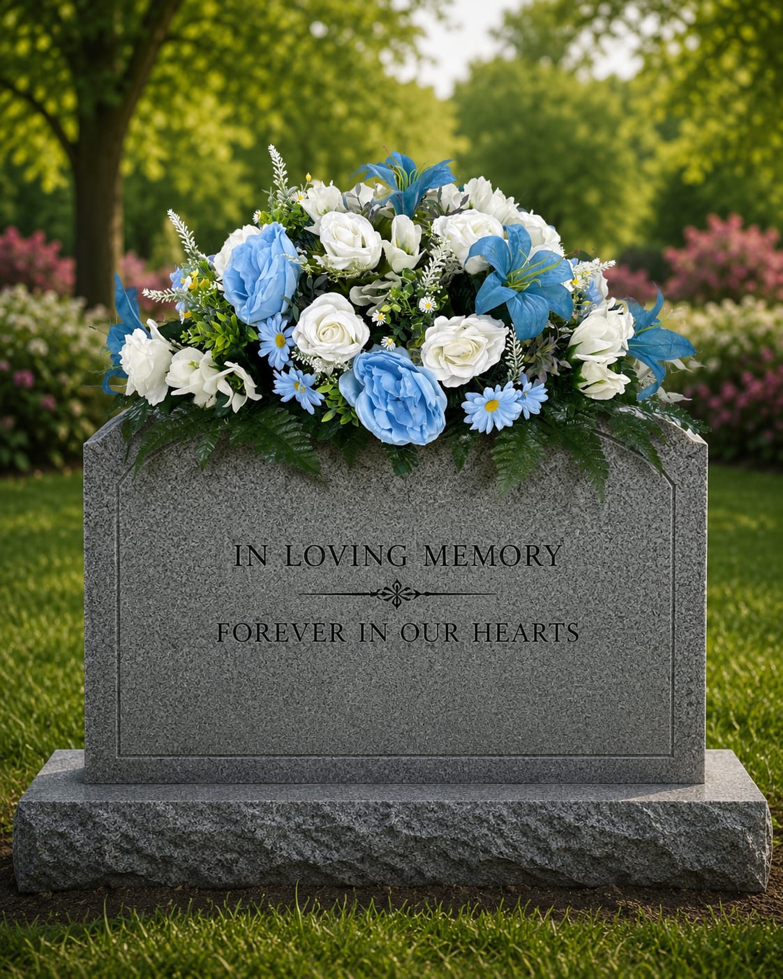 Whispering Skies Memorial Saddle  - Whispering Skies silk memorial saddle is a peaceful blue and white cemetery arrangement designed to honor loved ones with grace, beauty, and lasting remembrance. Featuring soft blue roses, white roses, delicate daisies, airy greenery, and realistic silk florals, this handcrafted memorial saddle creates an elegant display for cemetery headstones, grave markers, and memorial gardens.  Designed with a calming color palette inspired by peaceful skies and quiet reflection, Whispering Skies offers a comforting tribute for funerals, graveside services, anniversaries, and everyday cemetery decoration. The soft blue and white flowers stand beautifully against granite and marble monuments, creating a timeless sympathy arrangement filled with serenity and love.  This silk headstone saddle is crafted with high-quality artificial flowers for long-lasting beauty through changing seasons. Its full design and natural appearance make it a meaningful choice for honoring parents, spouses, grandparents, children, friends, and loved ones remembered forever in your heart. Perfect for cemetery memorials, sympathy gifts, and gravesite decoration.  Each Whispering Skies memorial saddle is custom made for a one-of-a-kind appearance. Exact flower varieties may vary based on availability, but your arrangement will always be designed in the same soft blue and white color palette with a similar overall look, feel, style, and fullness shown in the photo.