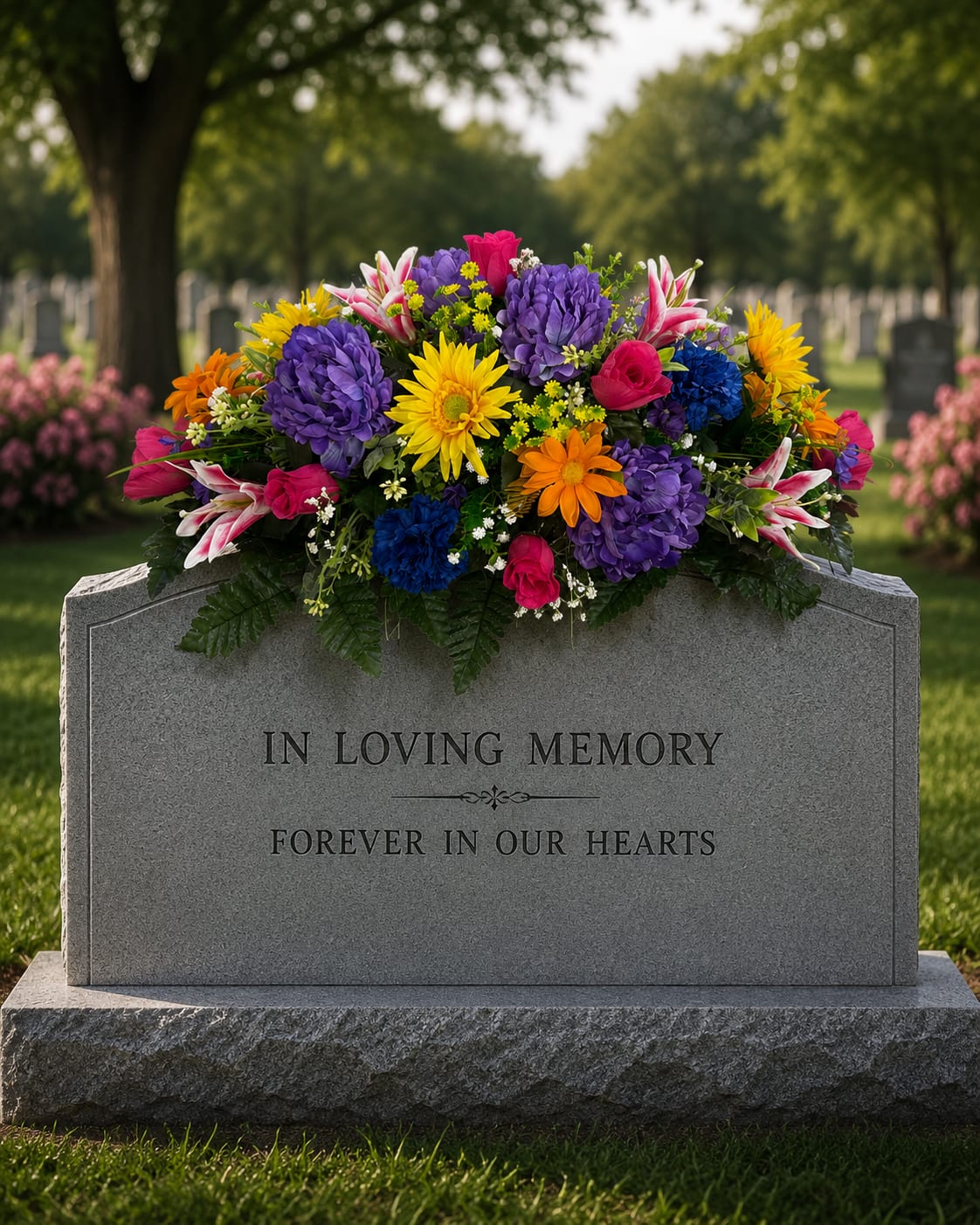Memories Garden Memorial Saddle - Memories Garden silk memorial saddle is a vibrant cemetery arrangement designed to celebrate a life filled with love, warmth, and beautiful memories. Created with rich spring and summer colors including pink, purple, yellow, orange, and blue silk flowers, this handcrafted memorial saddle brings color, comfort, and lasting beauty to cemetery headstones and grave markers.  Inspired by peaceful gardens and treasured moments remembered through the years, Memories Garden offers a bright and uplifting tribute for loved ones who brought joy, kindness, laughter, and light into the lives of others. Its colorful floral palette creates a warm, welcoming appearance that stands beautifully against granite and marble monuments while honoring cherished memories with grace and love.  Designed with high-quality silk flowers and realistic greenery, this cemetery saddle is made for long-lasting outdoor display through changing seasons. Perfect for graveside memorials, cemetery decoration, sympathy tributes, anniversaries, and remembrance gifts, Memories Garden provides lasting beauty without the maintenance of fresh flowers.  Each arrangement is custom made for a unique and natural appearance. Flower varieties and colors may vary based on availability, but every design will maintain the same bright spring and summer style, overall color palette, fullness, and uplifting feel shown in the photos.