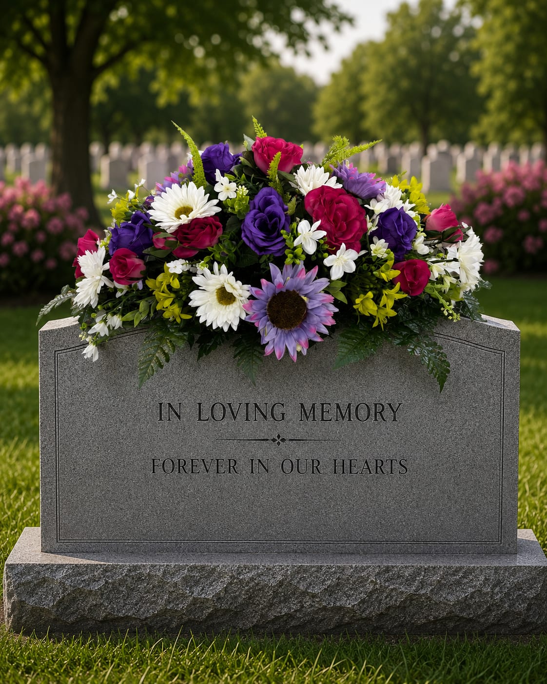 Sweet Reflection Memorial Saddle - Sweet Reflection silk memorial saddle is a graceful cemetery arrangement designed in rich wine, white, lavender, and purple silk flowers with natural greenery for a peaceful and elegant tribute. Inspired by quiet moments of remembrance and the beauty of cherished memories, this handcrafted memorial saddle creates a soft, comforting display for cemetery headstones and grave markers.  The deep wine tones add warmth and richness, while soft lavender, purple, and white flowers bring a sense of peace, love, and reflection. Designed with a garden-inspired style and realistic silk florals, Sweet Reflection offers a timeless look that stands beautifully against granite and marble monuments in every season.  This silk cemetery saddle is perfect for honoring parents, grandparents, spouses, children, and loved ones remembered forever in your heart. Ideal for cemetery decoration, graveside memorials, sympathy tributes, anniversaries, and remembrance gifts, it provides lasting beauty without the maintenance of fresh flowers.  Each arrangement is custom made using high-quality silk flowers and greenery for a natural, full appearance. Flower varieties and shades may vary based on availability, but every design will maintain the same rich wine, white, lavender, purple, and green color palette along with the overall style, fullness, and peaceful feel shown in the photos.